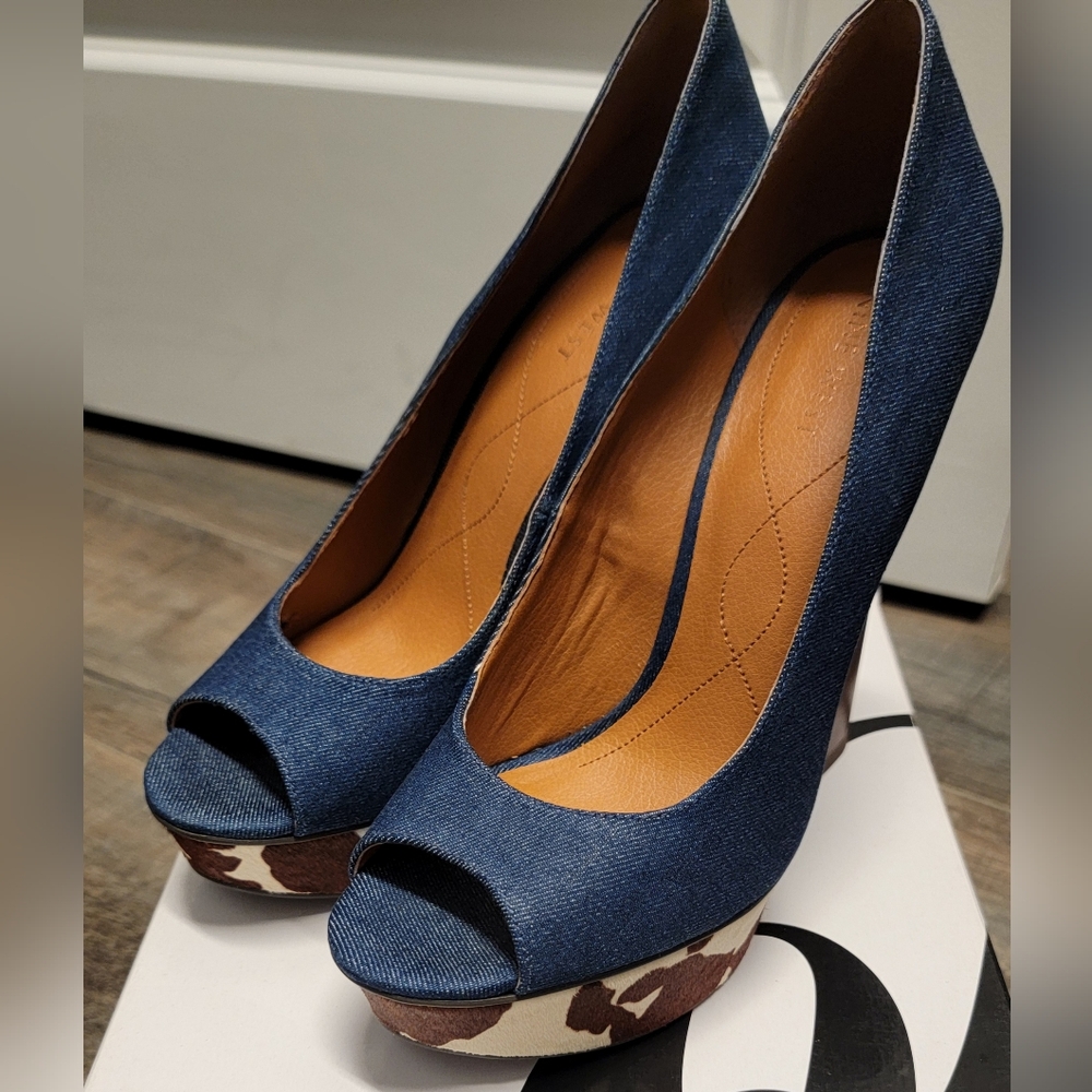 Nine West Denim & Cowhide Peep Toe Heels